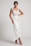 White Mermaid Corset Ruched Sequins Midi Mother Of the Bride Dress with Ruffles