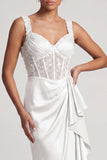 White Mermaid Corset Ruched Sequins Midi Mother Of the Bride Dress with Ruffles