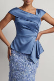 Blue Mermaid Asymmetrical Ruched Floral Midi Mother Of the Bride Dress