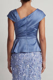 Blue Mermaid Asymmetrical Ruched Floral Midi Mother Of the Bride Dress