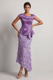 Blue Mermaid Asymmetrical Ruched Floral Midi Mother Of the Bride Dress