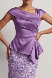 Blue Mermaid Asymmetrical Ruched Floral Midi Mother Of the Bride Dress