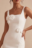 Square Neck Bodycon Little White Dress with 3D Flowers