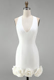 Halter Neck Bodycon Backless Little White Dress with 3D Flowers