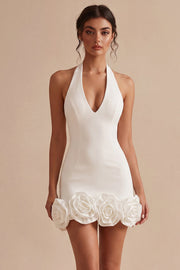 Halter Neck Bodycon Backless Little White Dress with 3D Flowers