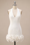 Halter Neck Bodycon Backless Little White Dress with 3D Flowers