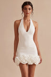 Halter Neck Bodycon Backless Little White Dress with 3D Flowers