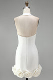 Halter Neck Bodycon Backless Little White Dress with 3D Flowers