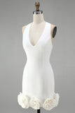 Halter Neck Bodycon Backless Little White Dress with 3D Flowers