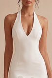 Halter Neck Bodycon Backless Little White Dress with 3D Flowers
