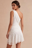 One Shoulder Ruched Lace Asymmetrical Bodycon Little White Dress