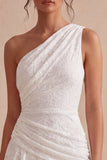 One Shoulder Ruched Lace Asymmetrical Bodycon Little White Dress