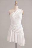 One Shoulder Ruched Lace Asymmetrical Bodycon Little White Dress