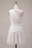 One Shoulder Ruched Lace Asymmetrical Bodycon Little White Dress