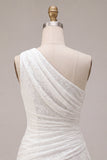 One Shoulder Ruched Lace Asymmetrical Bodycon Little White Dress