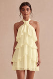 A-Line Halter Neck Floral Chiffon Little White Dress with Ruffles