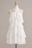 A-Line Halter Neck Floral Chiffon Little White Dress with Ruffles