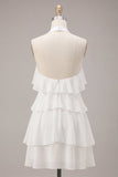 A-Line Halter Neck Floral Chiffon Little White Dress with Ruffles
