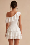 One Shoulder A-Line Chiffon Ruffled Tiered Little White Dress