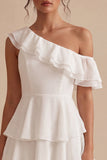 One Shoulder A-Line Chiffon Ruffled Tiered Little White Dress