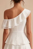 One Shoulder A-Line Chiffon Ruffled Tiered Little White Dress