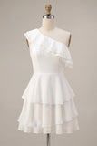 One Shoulder A-Line Chiffon Ruffled Tiered Little White Dress