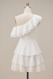 One Shoulder A-Line Chiffon Ruffled Tiered Little White Dress