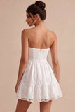 Strapless A-Line Floral Ruffled Little White Dress
