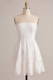 Strapless A-Line Floral Ruffled Little White Dress