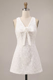 A-Line V-Neck Little White Dress with 3D Flower