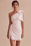 Bodycon One Shoulder Floral Cut Out Little White Dress with Bow