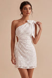 Bodycon One Shoulder Floral Cut Out Little White Dress with Bow