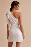 Bodycon One Shoulder Floral Cut Out Little White Dress with Bow