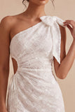 Bodycon One Shoulder Floral Cut Out Little White Dress with Bow