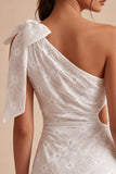Bodycon One Shoulder Floral Cut Out Little White Dress with Bow