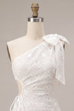 Bodycon One Shoulder Floral Cut Out Little White Dress with Bow