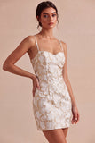 Ivory Bodycon Spaghetti Straps Floral Jacquard Mini Dress