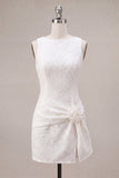 Round Neck Bodycon Floral Little White Dress with Slit