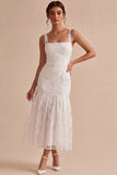 A-Line Thick Straps Floral Little White Dress