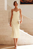 White Mermaid Spaghetti Straps Ruched Midi Dress