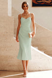 White Mermaid Spaghetti Straps Ruched Midi Dress