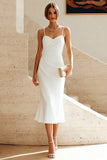 White Mermaid Spaghetti Straps Ruched Midi Dress
