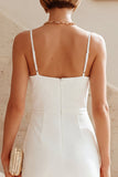 White Mermaid Spaghetti Straps Ruched Midi Dress