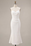White Mermaid Spaghetti Straps Ruched Midi Dress
