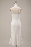 White Mermaid Spaghetti Straps Ruched Midi Dress