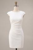 Round Neck Bodycon Ruched Little White Dress with Cap Sleeves
