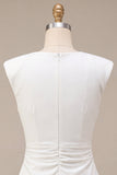 Round Neck Bodycon Ruched Little White Dress with Cap Sleeves