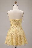 Yellow A-Line Strapless Cut Out Sequins Homecoming Dress