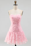 Pink A-Line Strapless Beaded Pearl Floral Short Homecoming Dress