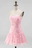 Pink A-Line Strapless Beaded Pearl Floral Short Homecoming Dress